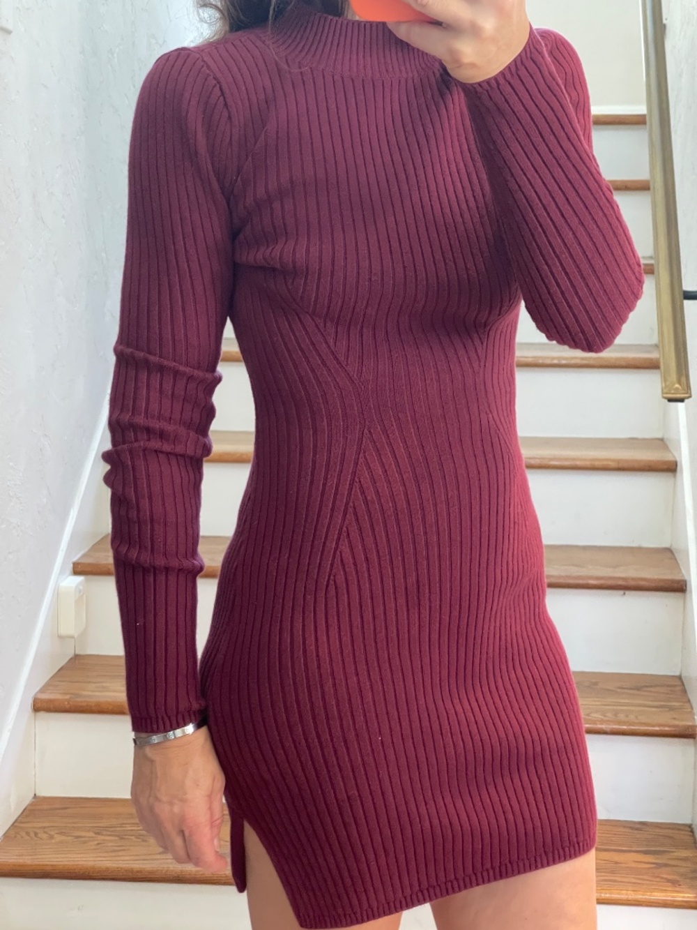 Hollister ribbed knit burgundy mini long sleeve dress women XS